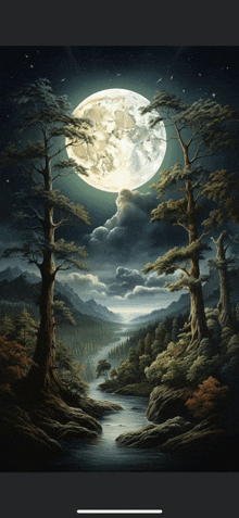 a full moon shines over a river surrounded by trees