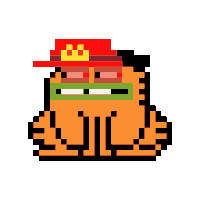 a pixel art drawing of garfield wearing a red hat and sunglasses