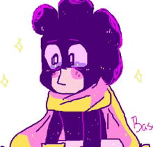 a drawing of a person with purple hair and a yellow scarf with the word base written on the bottom