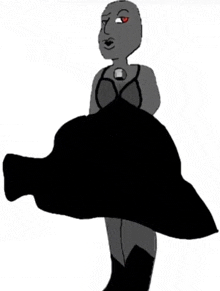 a cartoon drawing of a woman in a black dress with a red eye