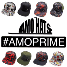 several hats are displayed in front of a sign that reads amo hats #amoprime