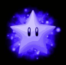 a purple star with two eyes is surrounded by purple lights on a black background .