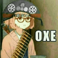 a cartoon girl wearing a hat and glasses is holding a rifle and a bullet belt .