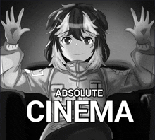 a black and white drawing of a girl with the words absolute cinema above her