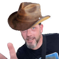 a man with a beard wearing a brown cowboy hat