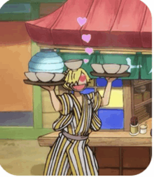 a cartoon character is holding a tray of bowls on his head