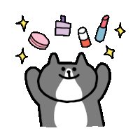 a cartoon of a cat surrounded by makeup products