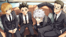 four anime characters are sitting on a couch wearing suits