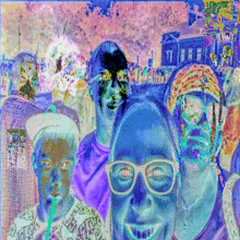 a painting of a group of people including a woman with glasses