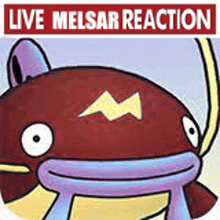 a cartoon of a fish with a m on its face and the words `` live melsar reaction '' .