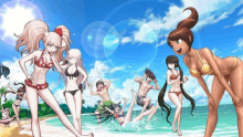 a group of anime characters in bikinis standing on a beach