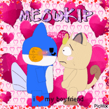a picture of a cat and a fish that says meowkip