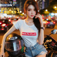 a woman on a motorcycle wearing a shirt that says mix parlay