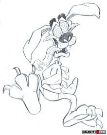 a black and white drawing of a cartoon character with naughty dog written below it