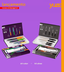 a set of knives in purple and black boxes with the brand name yoze