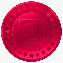 a red coin with a stack of cds in the center and stars around it