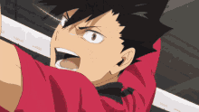 a close up of a cartoon character with a red shirt and black hair