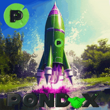 a green and purple rocket is flying through the air with the word pond x below it