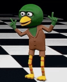 a cartoon character is standing on a checkered floor giving the middle finger .