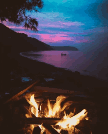 a fire is burning on a beach with a boat in the distance