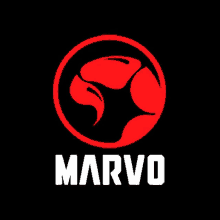 a red logo with the word marvo in white