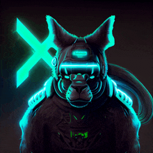 a drawing of a futuristic dog with a cross behind it