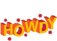 the word howdy is on a white background with red stars