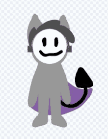 a cartoon drawing of a cat with a devil tail and a purple cape .