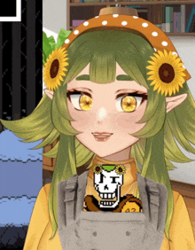 a girl with green hair and yellow eyes is wearing a skull necklace