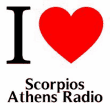 i love scorpios athens radio logo with a red heart .