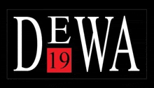 a black and white logo for dewa 19 with a red square .