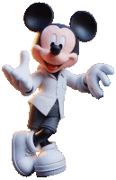 a mickey mouse figurine is wearing a white shirt and black shorts