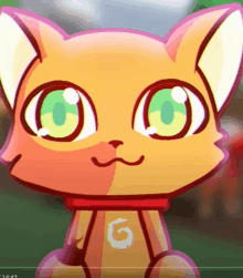 a close up of a cartoon cat with green eyes