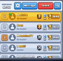 a screenshot of a clash of clans game shows a list of members and their trophies