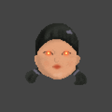 a pixel art drawing of a doll with red eyes