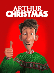 a poster for arthur christmas shows a man in a green sweater