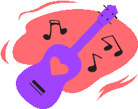 a purple guitar with a heart cut out of it and music notes surrounding it