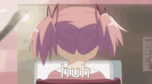 a girl with pink hair is laying in a chair with the word huh written above her