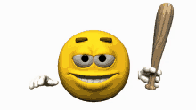 a cartoon smiley face is holding a wooden baseball bat