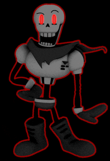 a skeleton with red eyes and black boots