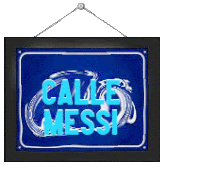 a sign that says calle messi hangs from a string