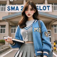 a girl wearing a blue jacket with the letter mb on the front