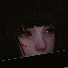 a close up of a girl 's face with red eyes and black hair