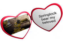 a heart shaped locket with a picture of springlock bear on it