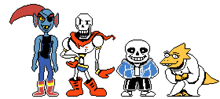 a pixel art drawing of undertale characters including papyrus , sans , and alphys