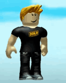 a roblox character with blonde hair is wearing a solo shirt .