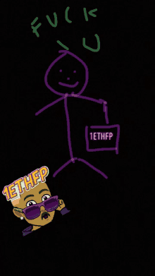 a drawing of a stick figure holding a sign that says 1ethfp