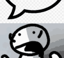 a black and white cartoon character with a speech bubble coming out of his mouth .