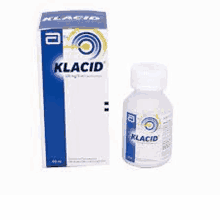 a bottle of klacid is next to a box of klacid .