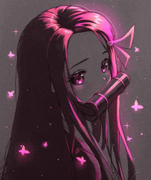 a girl with long pink hair and a tube in her mouth is surrounded by pink butterflies .